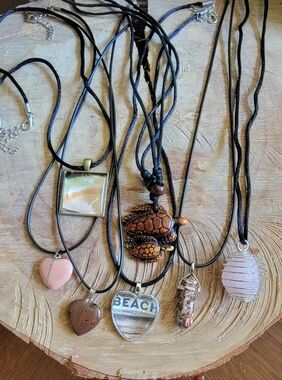 Handcrafted Set Of 7 Beach & Turtle & Stone Pendant Necklace .